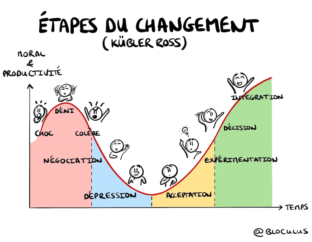 Courbe du changement - Elisabeth KUBLER ROSS - Impact Relationnel - Faciliter le changement au travail en évaluant son Impact Relationnel (IR) - NAPE Entourage - Faciliter le changement au travail - Toute évolution demande un point de départ et un objectif cible. C’est en cela que l’évaluation de l’Impact Relationnel (IR) peut guider le processus de changement et le rendre plus accessible. L'IR permet sensiblement de faciliter le changement au travail.